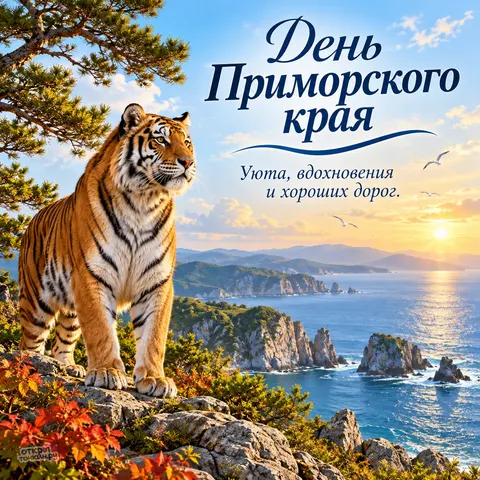 Открытка «День Приморского края, амурский тигр на скале у моря»