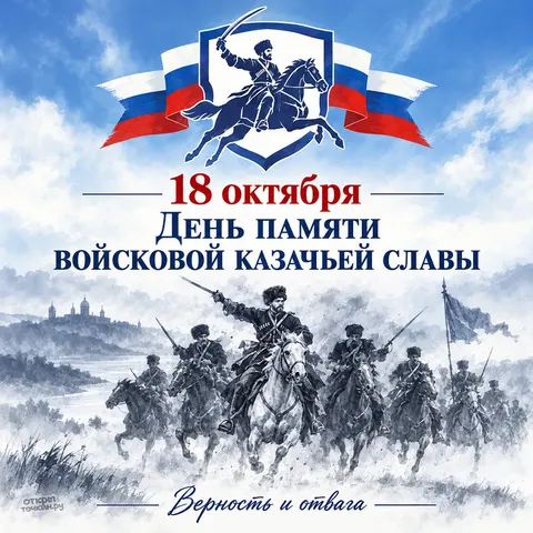 Открытка «День памяти войсковой казачьей славы, 18 октября, верность и отвага, казаки в атаке с гербом и флагами»