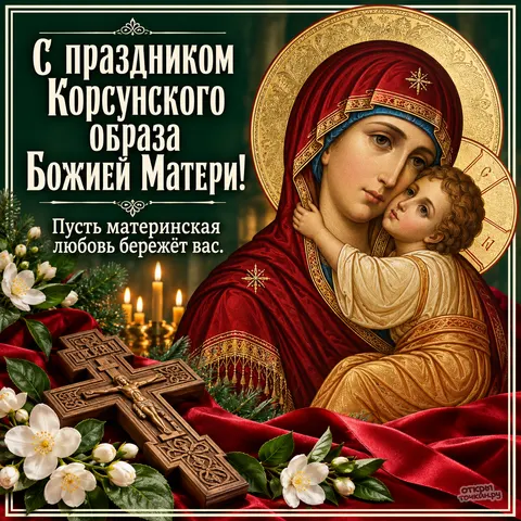Открытка «Корсунская икона Божией Матери, деревянный крест, белые цветы, свечи, пусть материнская любовь бережёт вас» — Праздник Корсунской иконы Божией Матери