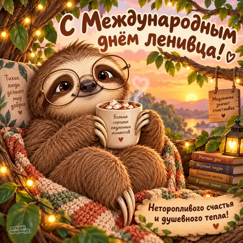 Открытка «Международный день ленивца, ленивец в очках с кружкой какао в пледе на дереве»