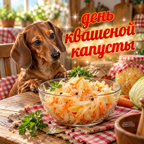 Открытка «День квашеной капусты, любопытная такса у кухонного стола»