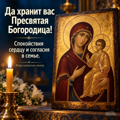 Открытка «Иерусалимская икона Божией Матери, да хранит вас Пресвятая Богородица, спокойствия сердцу и согласия в семье, свеча и белые цветы» — Праздник Иерусалимской иконы Божией Матери
