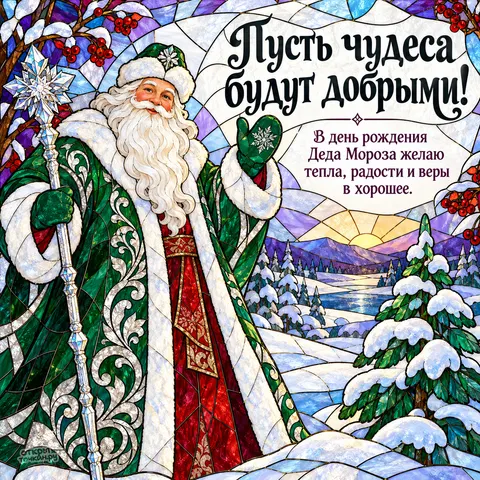 Открытка «День рождения Деда Мороза, дед мороз в зелёной шубе в стиле витража»