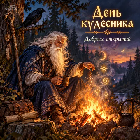Открытка «День кудесника, добрых открытий, мудрец у костра с летающими рунами»