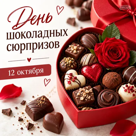 Открытка «С днём шоколадных сюрпризов, коробка сердце»
