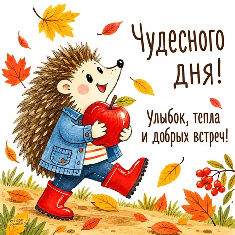 Открытка «Чудесного дня» — ёжик с яблоком