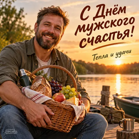Открытка «День мужского счастья, мужчина с корзиной для пикника на причале»