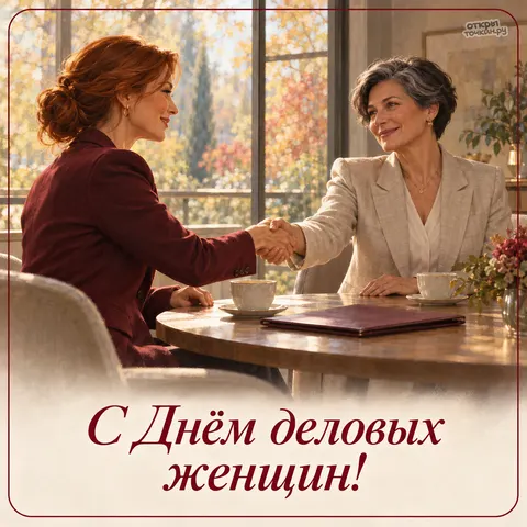 Открытка «День деловых женщин, рукопожатие за столом с кофе» — День деловых женщин в России