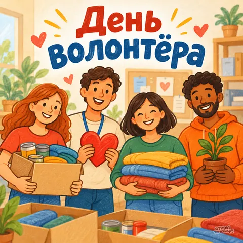 Открытка «День волонтёра, команда с коробками помощи» — День добровольца