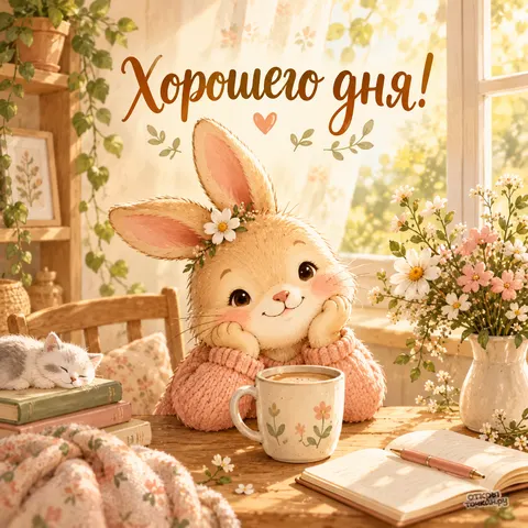 Открытка «Хорошего дня, зайчонок в розовом свитере с кофе»