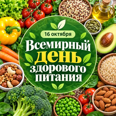 Открытка «Всемирный день здорового питания, овощи, орехи, злаки и авокадо на тёмном дереве»