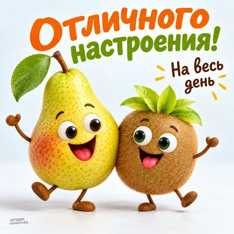 Открытка «Хорошего настроения, весёлые танцующие груша и киви»
