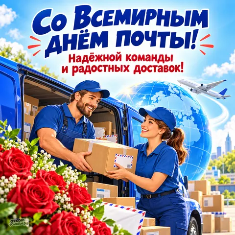 Открытка «Со Всемирным днём почты, команда почтальонов и синий фургон»