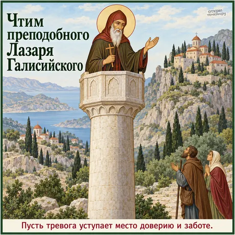 Открытка «День памяти преподобного Лазаря Галисийского, мозаика столпника с молящимися внизу»