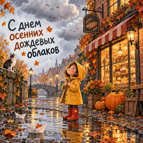 Открытка «День осенних дождевых облаков, девочка в жёлтом плаще у пекарни с тыквами»