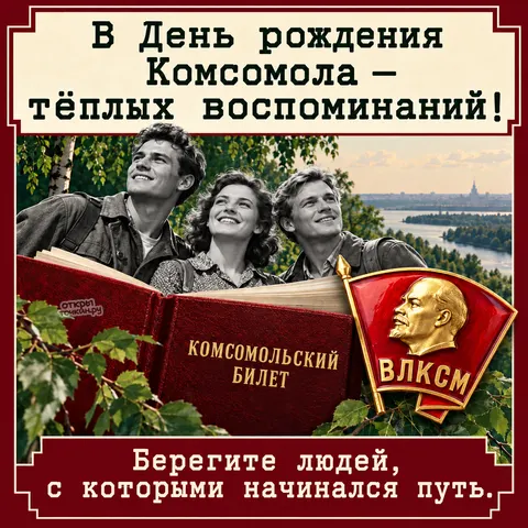 Открытка «День рождения Комсомола, комсомольский билет значок и трое у реки с березами»
