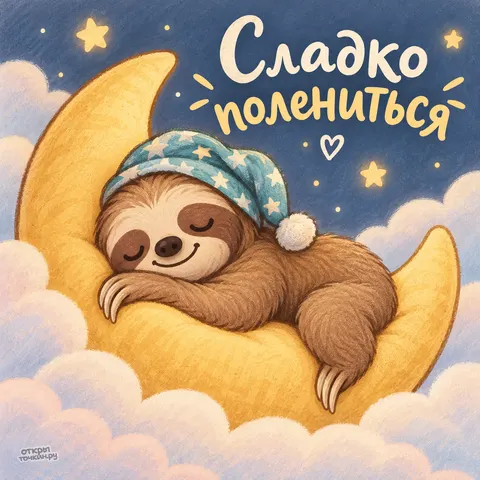 Открытка «Международный день ленивца, ленивец в ночном колпаке спит на полумесяце среди облаков»