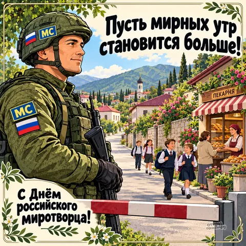 Открытка «День российского миротворца, миротворец на фоне детей и пекарни в горном селе»
