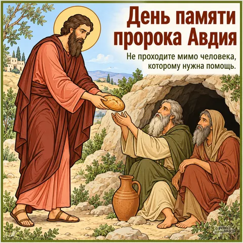 Открытка «День памяти пророка Авдия, пророк Авдий делится хлебом с людьми у пещеры»