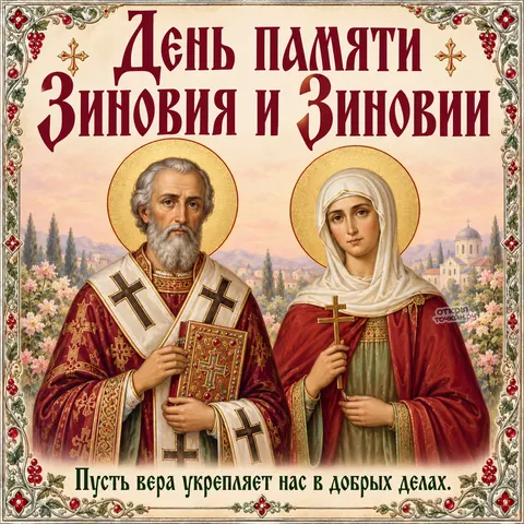 Открытка «День памяти Зиновия и Зиновии, святитель и святая на фоне храма и роз» — День памяти священномученика Зиновия и мученицы Зиновии