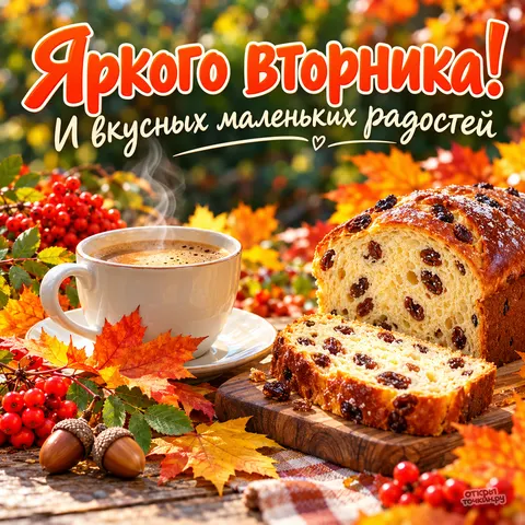 Открытка «Яркого вторника, кофе и хлеб с изюмом» — Доброе утро