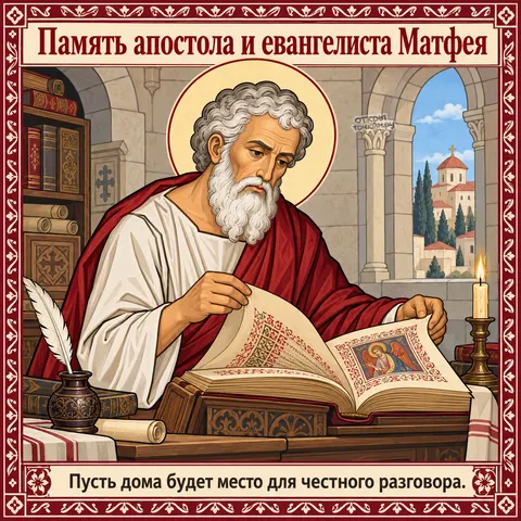 Открытка «День памяти апостола Матфея, апостол Матфей листает рукопись в кабинете со свечой» — День памяти апостола и евангелиста Матфея
