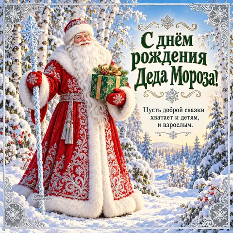 Открытка «День рождения Деда Мороза, дед мороз с посохом и подарком в берёзовом лесу»