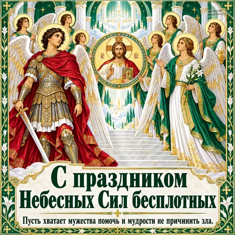 Открытка «Собор Архистратига Михаила, архангел михаил у лестницы в небо с христом» — Собор Архистратига Михаила и прочих Небесных Сил бесплотных
