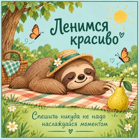 Открытка «Международный день ленивца, ленивец в соломенной шляпе на пикнике с корзиной и грушей»