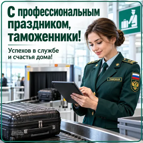 Открытка «День таможенника, сотрудница в аэропорту с планшетом, чемодан на ленте и интроскоп» — День таможенника Российской Федерации