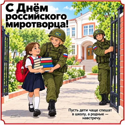 Открытка «День российского миротворца, миротворец помогает школьнице нести книги к школе»
