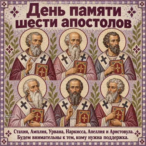 Открытка «День памяти шести апостолов, каменная мозаика шести апостолов с Евангелиями» — День памяти апостолов от 70-ти Стахия, Амплия, Урвана и прочих