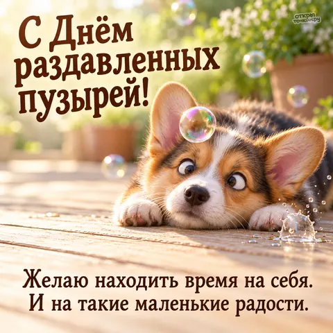 Открытка «День раздавленных пузырей, корги с пузырём на лбу»