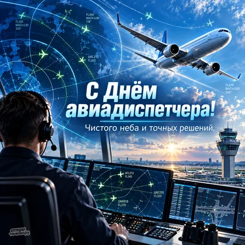 Открытка «День авиадиспетчера, диспетчер за пультом и взлетающий лайнер»