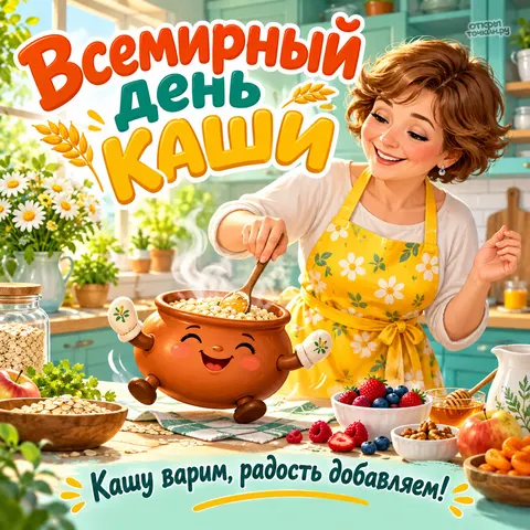 Открытка «Всемирный день каши с весёлой хозяйкой и горшочком»