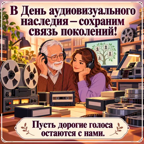 Открытка «Всемирный день аудиовизуального наследия, дедушка и внучка слушают записи в наушниках»