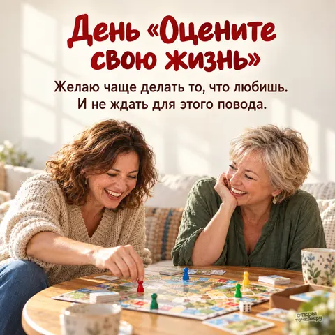 Открытка «Подруги смеются за настольной игрой 5» — День «Оцените свою жизнь»