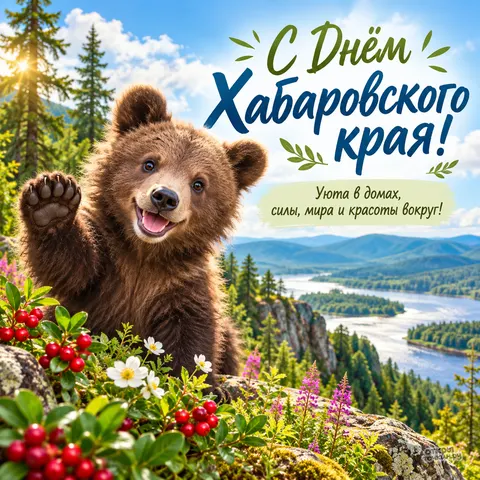 Открытка «День Хабаровского края, медвежонок машет лапой среди ягод и цветов»