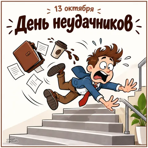 Открытка «День неудачников, падение с лестницы с кофе»