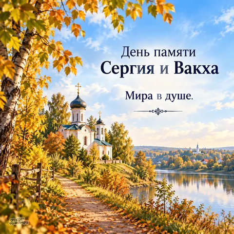 Открытка «День памяти Сергия и Вакха, осенний храм у реки и береза» — День памяти святых мучеников Сергия и Вакха