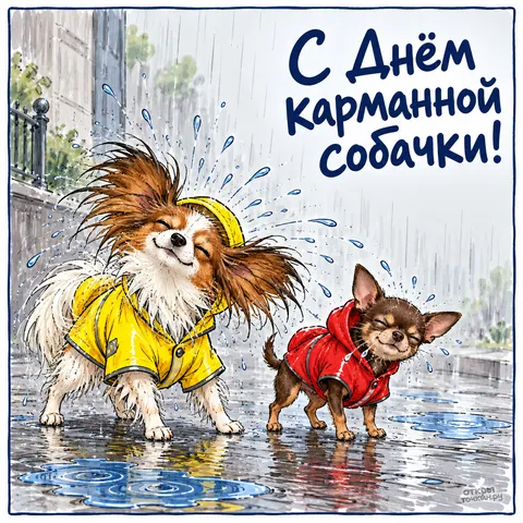 Открытка «Две маленькие собачки под дождём 5» — День карманной собачки