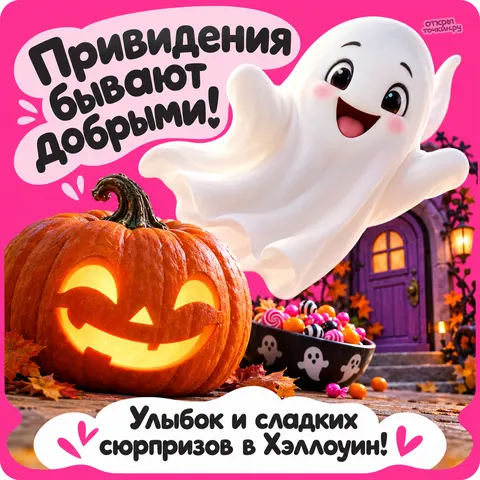 Открытка «Хэллоуин, доброе привидение, улыбающаяся тыква и миска конфет, улыбок и сладких сюрпризов»