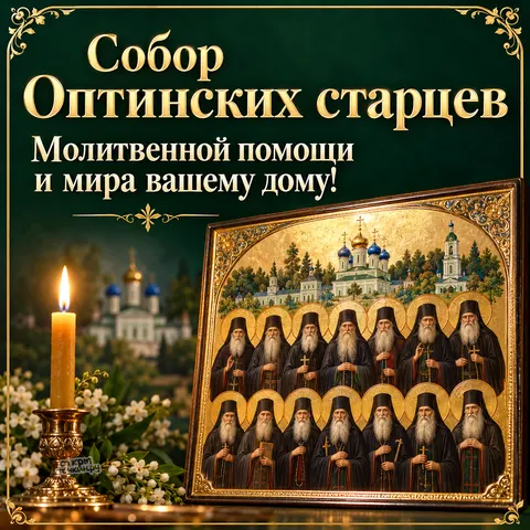Открытка «Собор Оптинских старцев, икона старцев со свечой и белыми цветами» — Собор преподобных Оптинских старцев