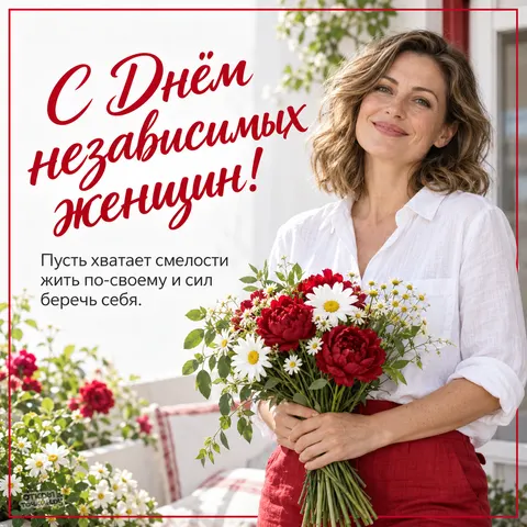 Открытка «День независимых гордых и одиноких женщин, Букет пионов на солнечной террасе»