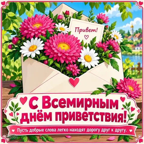 Открытка «Всемирный день приветствия, букет цветов в конверте с надписью привет»