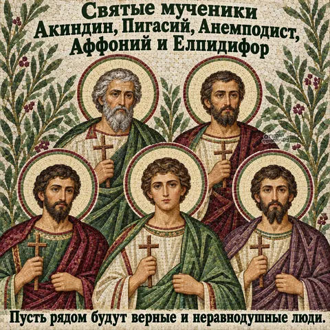 Открытка «День памяти пяти Персидских мучеников, мозаика пяти мучеников с крестами и ветвями» — День памяти мучеников Акиндина, Пигасия, Анемподиста и прочих