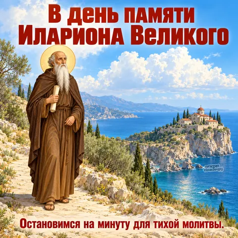 Открытка «День памяти Илариона Великого, преподобный идёт к обители на скале над морем»