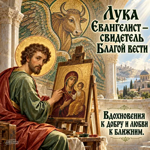 Открытка «День памяти апостола Луки, апостол пишет икону Богородицы, мозаика с крылатым тельцом, свидетель Благой вести» — День памяти святого апостола и евангелиста Луки