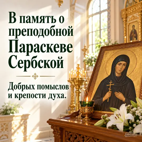 Открытка «День памяти Параскевы Сербской, икона в храме с лилиями и лучами света, добрых помыслов и крепости духа» — День памяти преподобной Параскевы Сербской