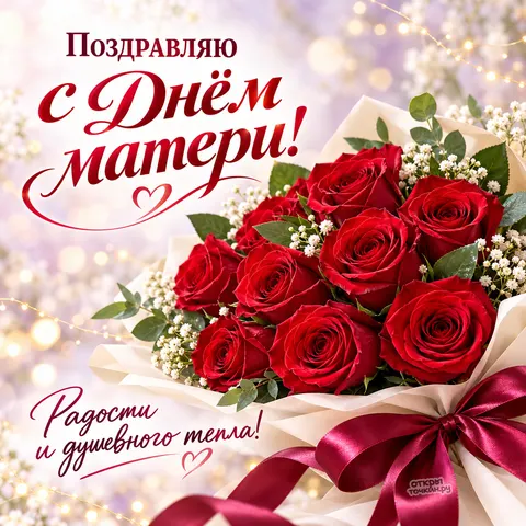 Открытка «С Днём матери, букет бордовых роз в кремовой упаковке»